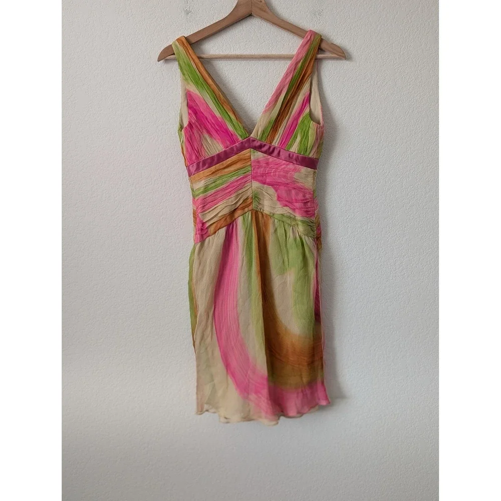 Vintage Abstract Watercolor Ruched Prom Cocktail Dress Pink Whimsy Fairy Bold 2 - Picture 5 of 8